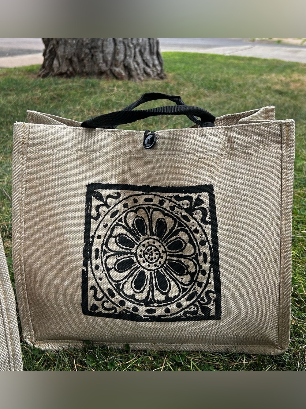 Natural Burlap Jute Tote Bag with Black Mandala Print NWT